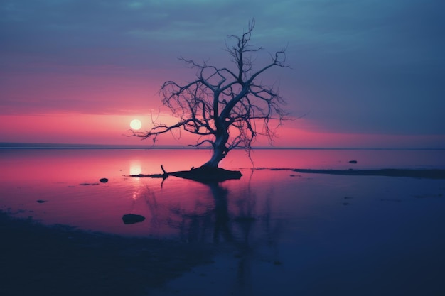 a dead tree in the middle of a lake at sunset