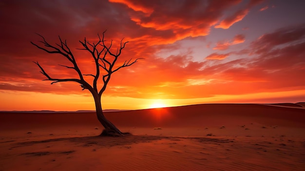 A dead tree stands in the desert with the sun setting behind it