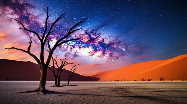 Dead trees in Dead Vlei with milky way galaxy Sossusvlei Namib desert Namibia