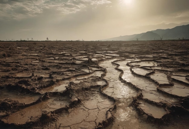 Dead trees on dry cracked earth metaphor Drought Water crisis and World Climate change