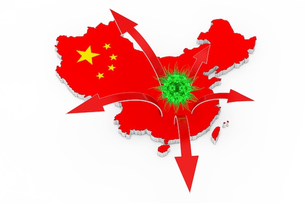 Deadly 2019 - nCoV Wuhan Corona Virus with China Map and Spread of Disease Arrows on a white background. 3d Rendering