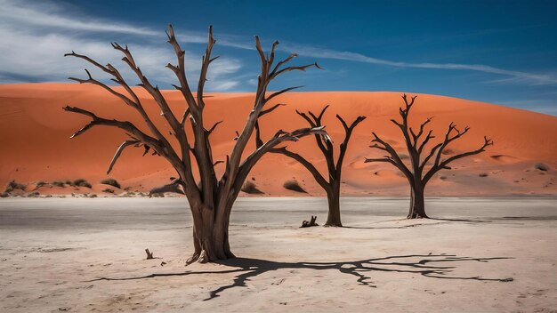 ナミビアのナウクルフ国立公園のデッドヴレイ (Deadvlei in Namib Naukluft National Park) はナミビアで死んだカメルドーン (Camelthorn) の木がオラン (Oran) に対して生息している