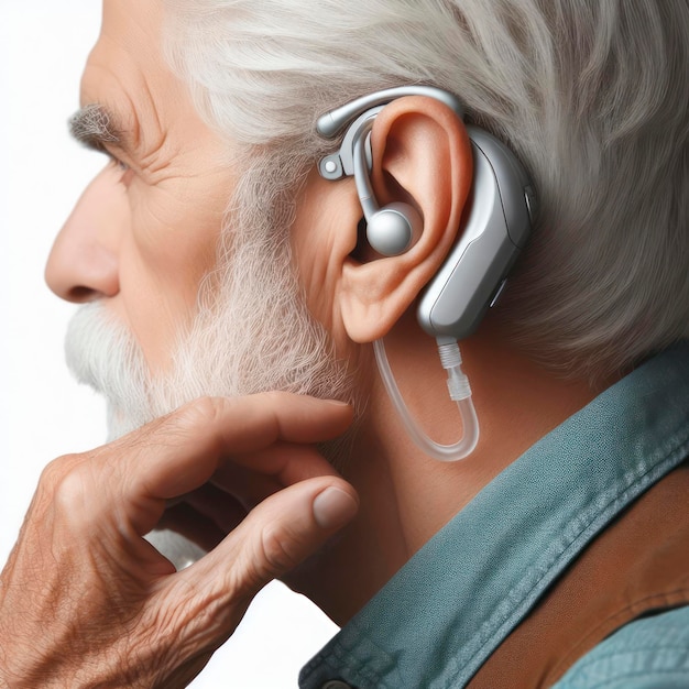 deaf ear grandfather with hearing aid on solid white background ai generative