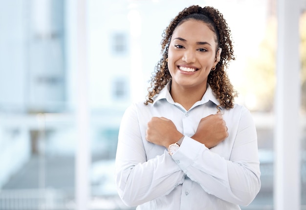 Deaf portrait and black woman in office with hug hand and gesture on blurred mockup background Face cochlear implant and disability by girl employee with sign language symbol or communication