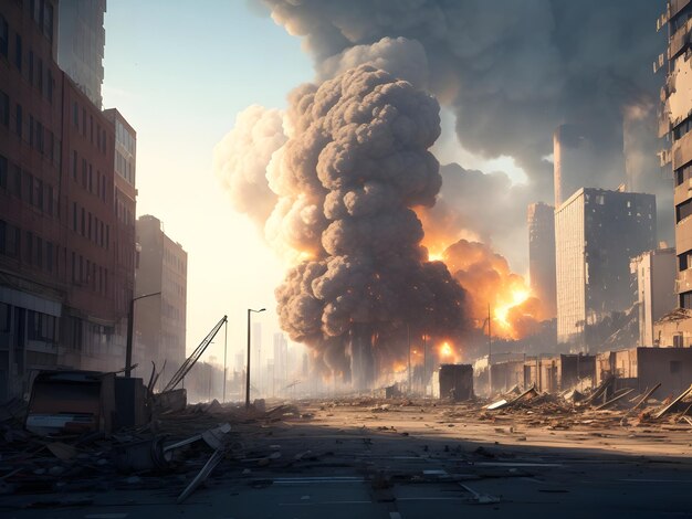 Photo a deafening boom echoes through the city as a massive explosion tears through the urban landscape