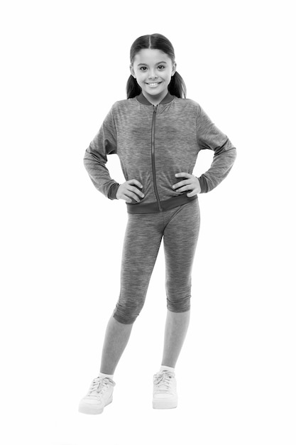 deal with long hair while exercising girl cute kid with long ponytails wear sportive costume isolated on white working out with long hair sport for girls guidance on working out with long hair