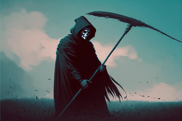 The Death as know as Grim Reaper casts black magic on the scythe digital art style illustration painting fantasy illustration of a Grim Reaper