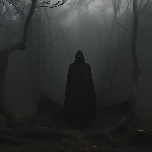 The Death as know as Grim Reaper casts black magic stands in the dark horror forest