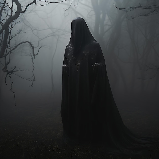 The Death as know as Grim Reaper casts black magic stands in the dark horror forest