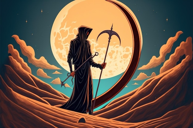 The Death as know as Grim Reaper holding the scythe against the eclipse on the background digital art style illustration painting fantasy illustration of a Grim reaper with a big scythe