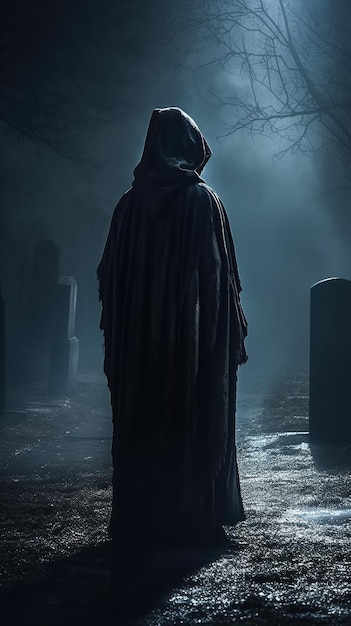 안개 속에서 밤에 무덤 사이의 묘지에서 검은 망토의 죽음 Generative AI 일러스트레이션