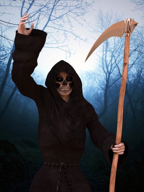 Photo death in a hoodie with a scythe. 3d illustration (1)