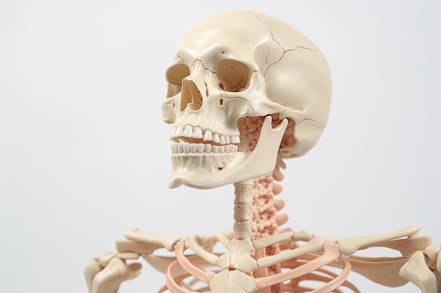 백색 배경에 고립된 죽음의 인간 골격 모델: 인간 골격에 대한 의학 교육