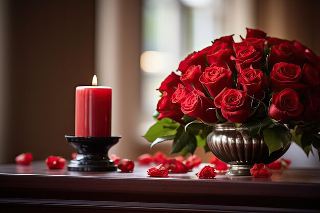 Photo death imagery red rose and burning candles atop church table