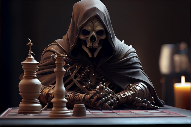 Death looks at a chessboard with pawns and a king game of life and death AI