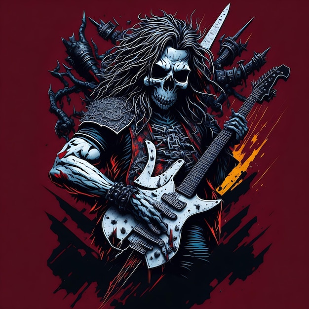 Photo death metal music ghost artwork horror art and heavy metal illustration skeleton with guitar ai