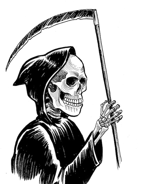 Death skeleton in hoodie Ink black and white drawing