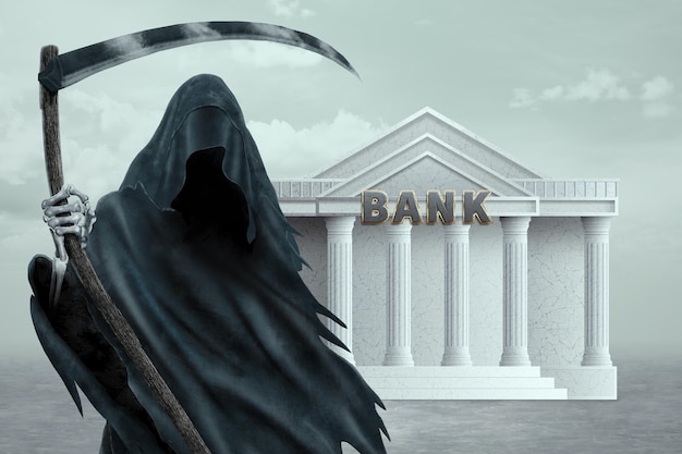 Photo death with a scythe in front of the bank building economic crisis default end of economy mortgage credit 3d illustration 3d rendering