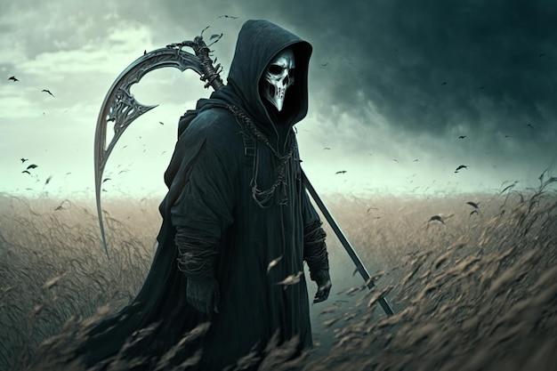 Death with scythe harsh reaper in field outdoors Skeleton dead man in hooded robe gloomy fantasy gothic generative ai illustration