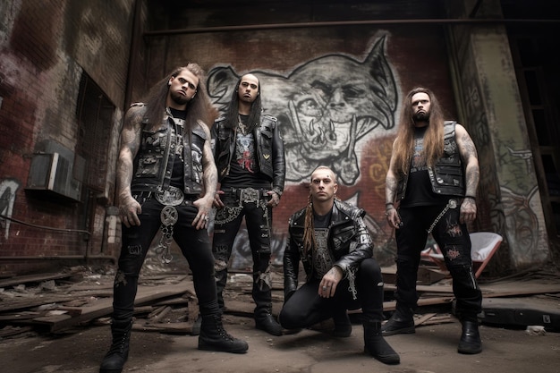 Deathmetalband poseert in een verlaten fabriek Fashion shot Generatieve AI