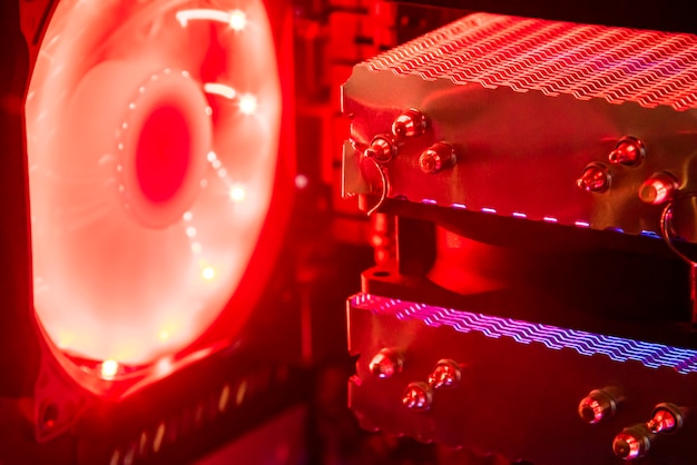 Deatil of a pc processor heatsink inside a led illuminated\
gaming pc