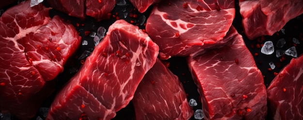 Deatil of raw meat beef steak top view meat texture banner Generative Ai