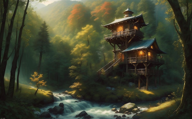 Deatiled beautifull Pagoda in misty mountains Beautiful Autumn landscape with ancient pagoda lake