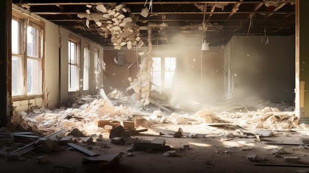 Photo debris blurred demolition interior