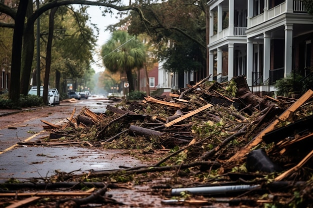 Debris strewn streets and neighborhoods littered with fallen trees after a hurricane