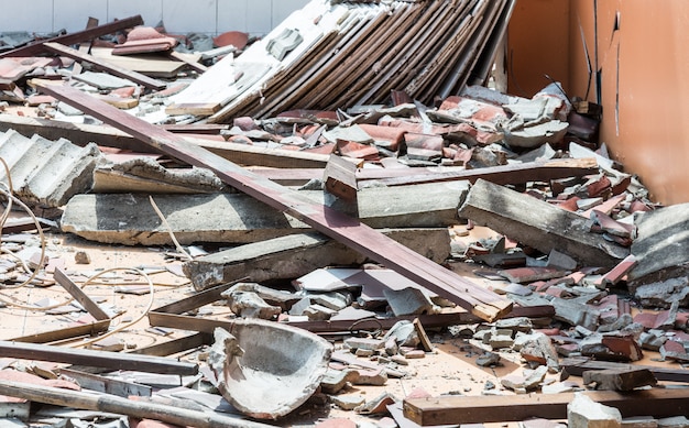 Debris of wooden and  roof tile