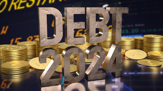 The Debt 2024 and Gold coins for Business concept 3d rendering