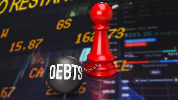 Debts and red chess for business concept 3d rendering