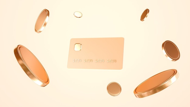 Debut gold credit card in pastel colors, with golden coins, online shopping, online banking