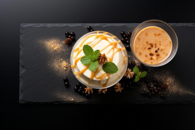 Photo decadent amaretto and coffee italian dessert a recipe on a stylish black slate board