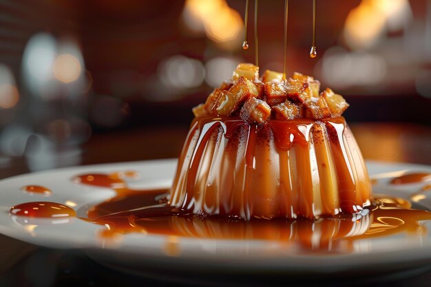 Photo decadent caramel drizzled pudding delight