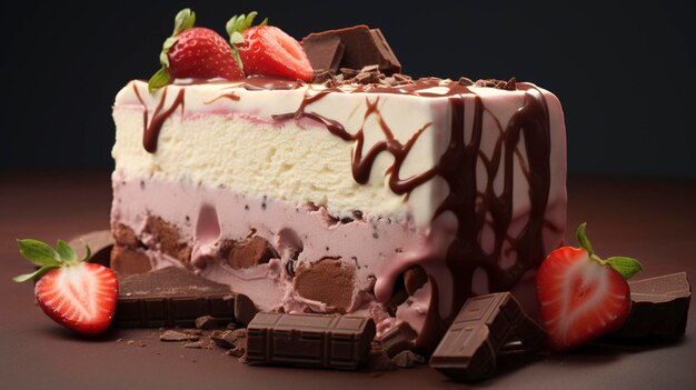 Decadent chocolate cake slice with strawberries and chocolate pieces on a dark background