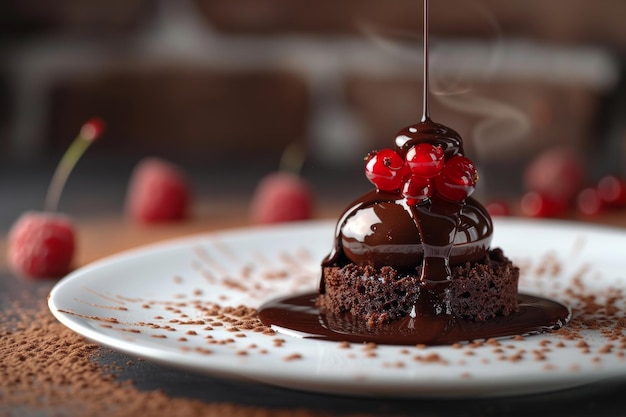 Foto torta di cioccolato decadente con ceri sopra