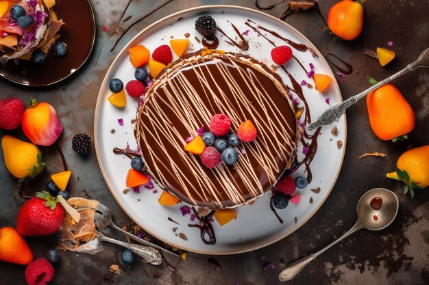 Decadent Chocolate Cake with Ganache Drizzle Flat Lay Shot Generative AI