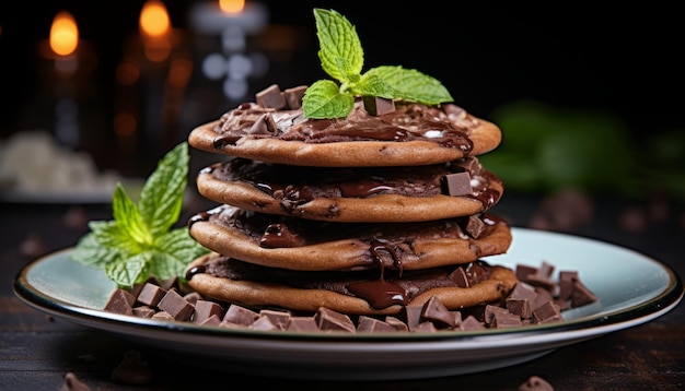 巧克力で皿に並べられた沢なチョコレートチップスで劣化したチョコロートチップスのクッキー