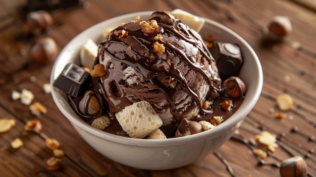 Decadent chocolate drizzled ice cream bowl