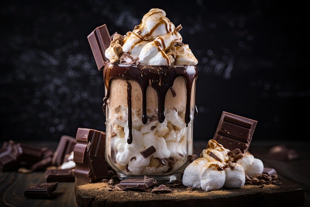 A decadent chocolate shake topped with luscious sauce and fluffy marshmallows