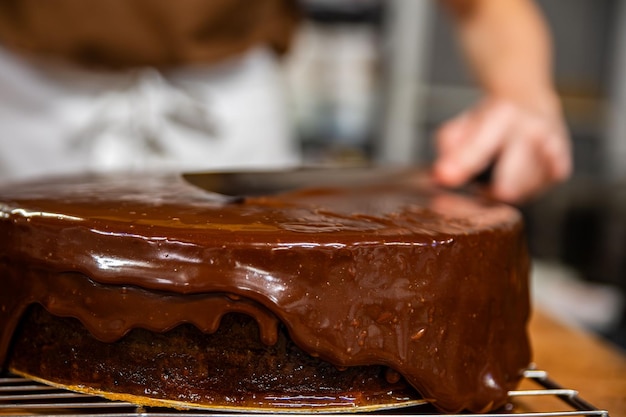 Decadent chocolatey Sachertorte sits atop a plate invitingly