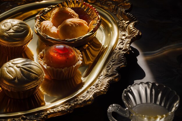 Фото Декадентские изысканности французская выпечка на украшенном золотом подносе