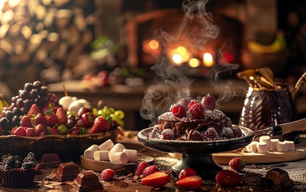 A decadent display of fresh berries atop a chocolate fountain with chunks of chocolate and marshmallows scattered around