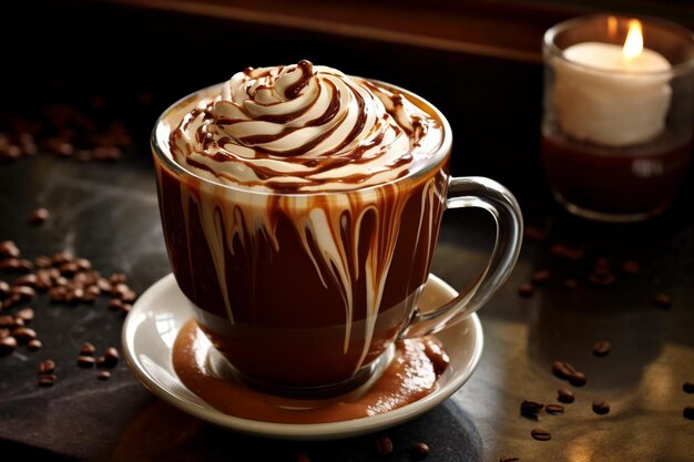 Photo decadent hot drink with fudge swirl drizzle