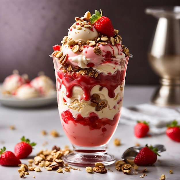 A decadent ice cream sundae with a swirl of strawberry sauce in a tall glass Ai Generated