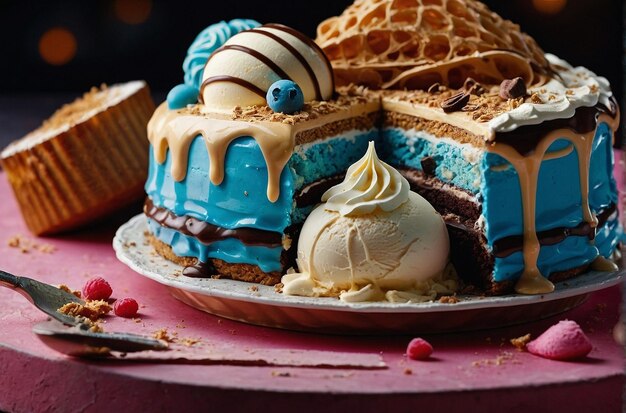 Photo decadent layers of cake and ice cream