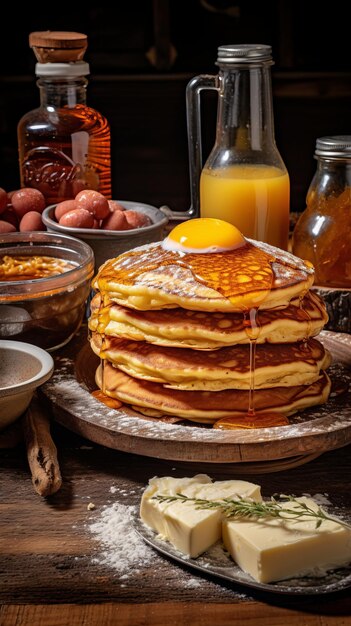 Photo a decadent plate of pancakes with an egg on top