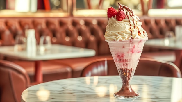 Decadent raspberry sundae in retro diner