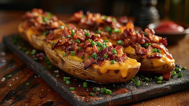 A decadent serving of loaded potato skins filled with melted cheese crispy bacon sour cream an